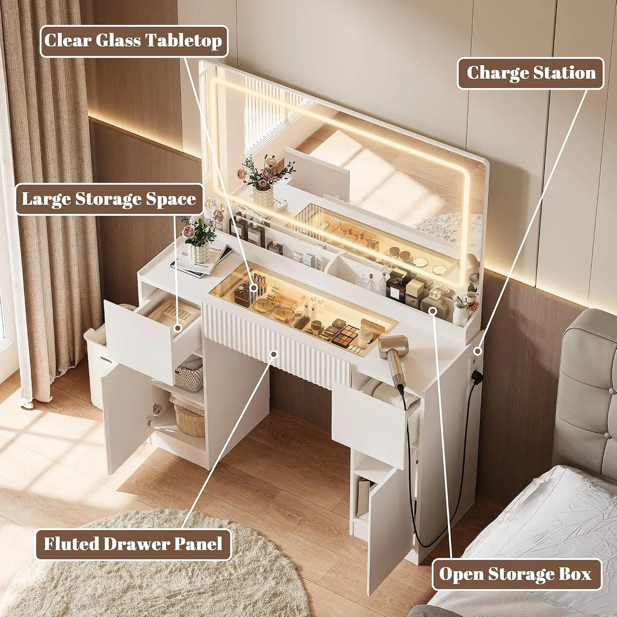 44" Vanity Desk with Large Mirror and Lights, Modern Glass Top Makeup Vanity Set with Power Outlet, 3 Drawers and 2, Custom
