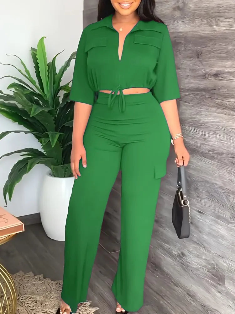 Elegant Office Women Two Piece Sets Autumn V Turn-down Neck Half Sleeve Drawstring Lace Up Short Shirt + Wide Leg Trousers Set