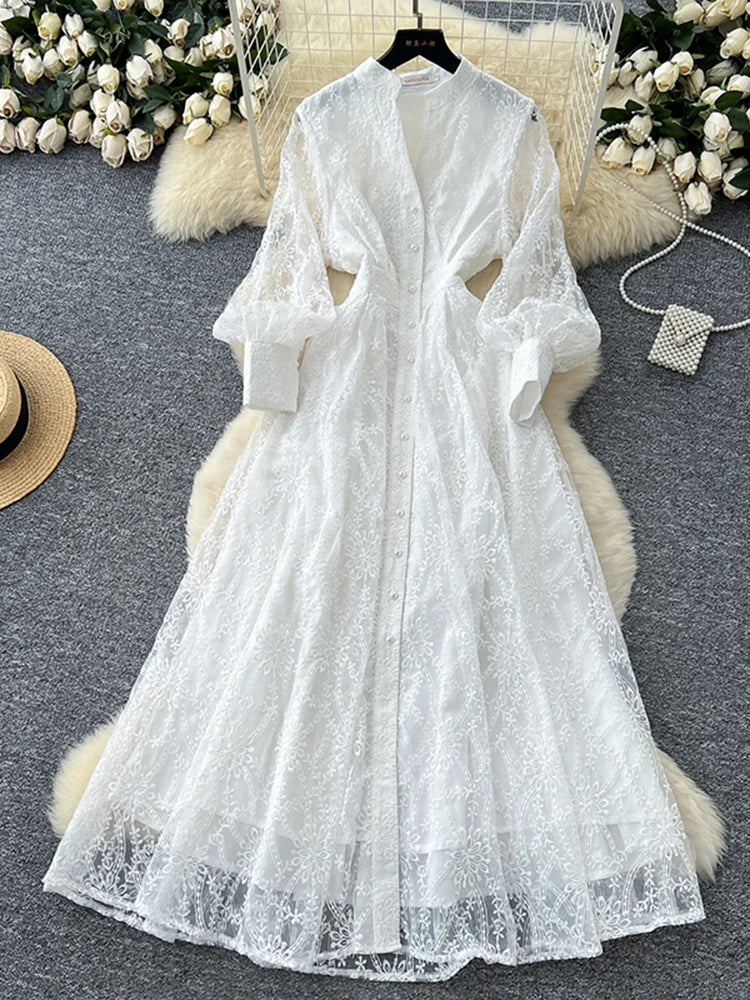 French Elegant Dress for Women New Birthday Party Standing Collar Single Breasted Waist Embroidered Mesh Long Dress S93
