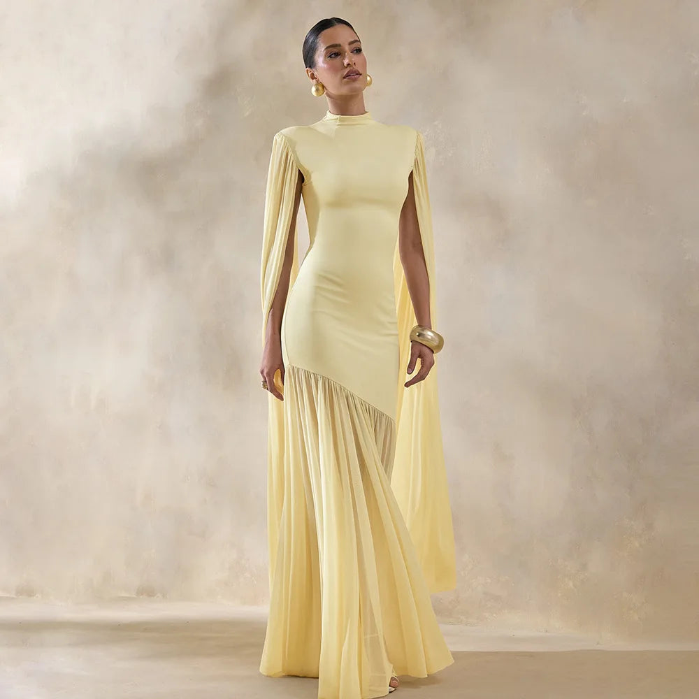 FL Elegant And Elegant Evening Dress For Women Featuring Patchwork Design Mesh Ribbon And Pure-Color Long Dress 2026