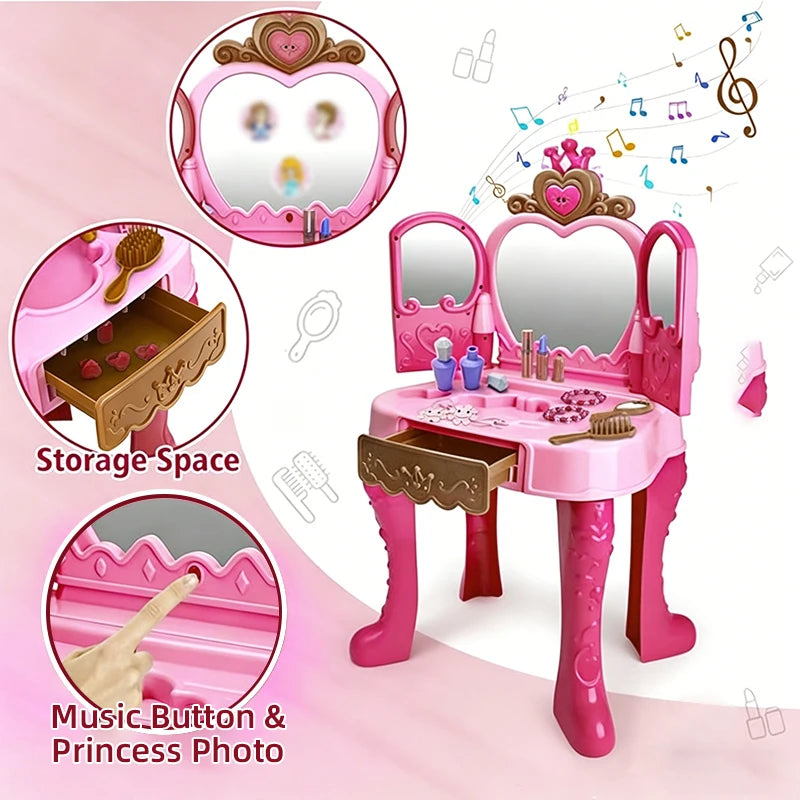 Princess Vanity Table Playset Kids Induction Open Beauty Dresser with Light and Music Pretend Makeup Hair Styling Toy for Girls