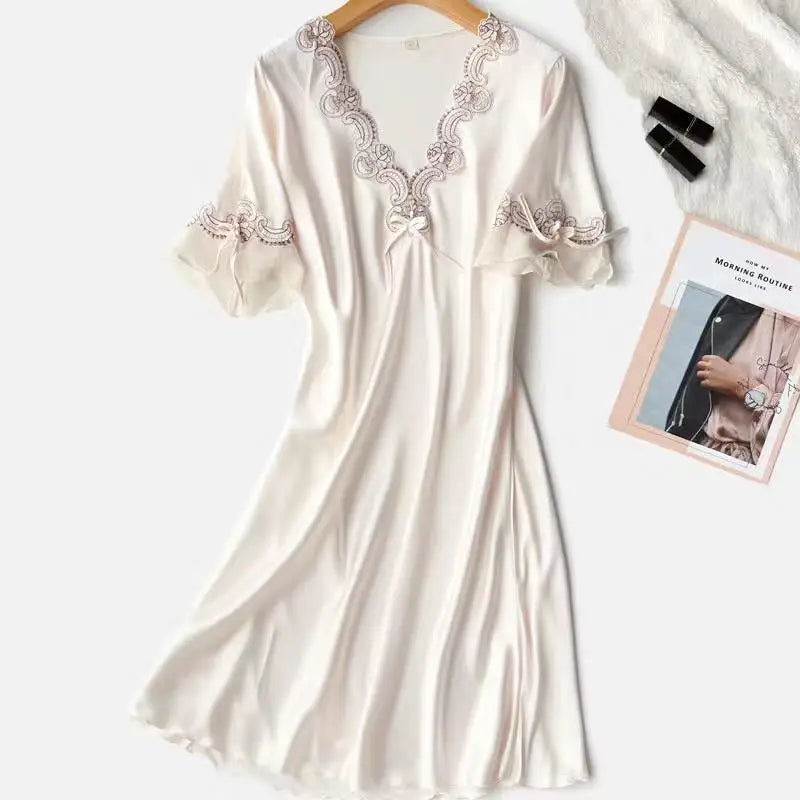 Sexy Nightdress for Women Summer Spring Home Dress V-Neck Nightgown Lace Sleeve Sleepwear Long Intimate Lingerie Nightwear