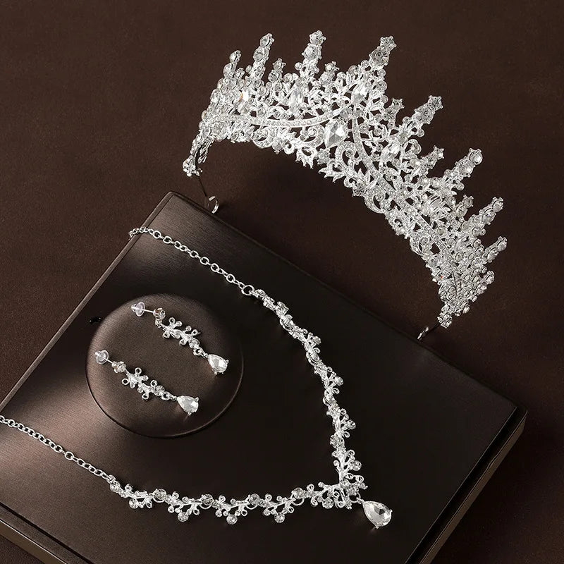 Bridal Wedding Jewelry 4-piece Set, Alloy Crystal Crown&Crystal Necklace&Earrings Women's Classic Wedding Tiaras