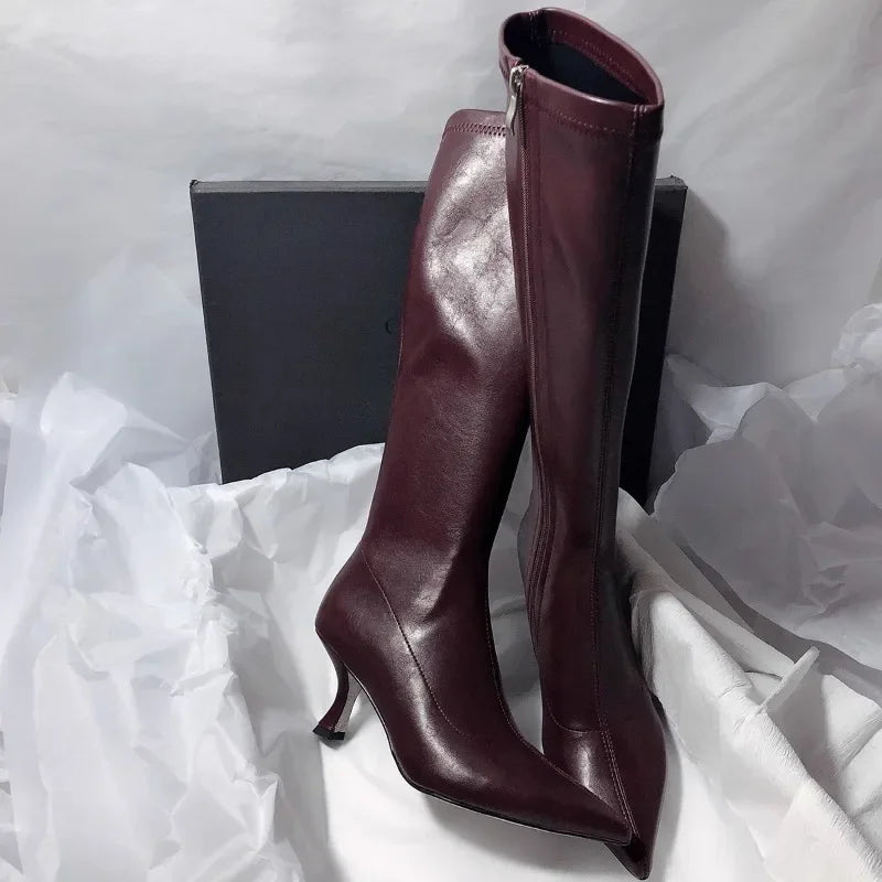 Elegant High Heels Women High Boots Leather Pointed Toe Fashion Shoes 2025 Winter Trend Designer Knee High Pumps Botas De Mujer
