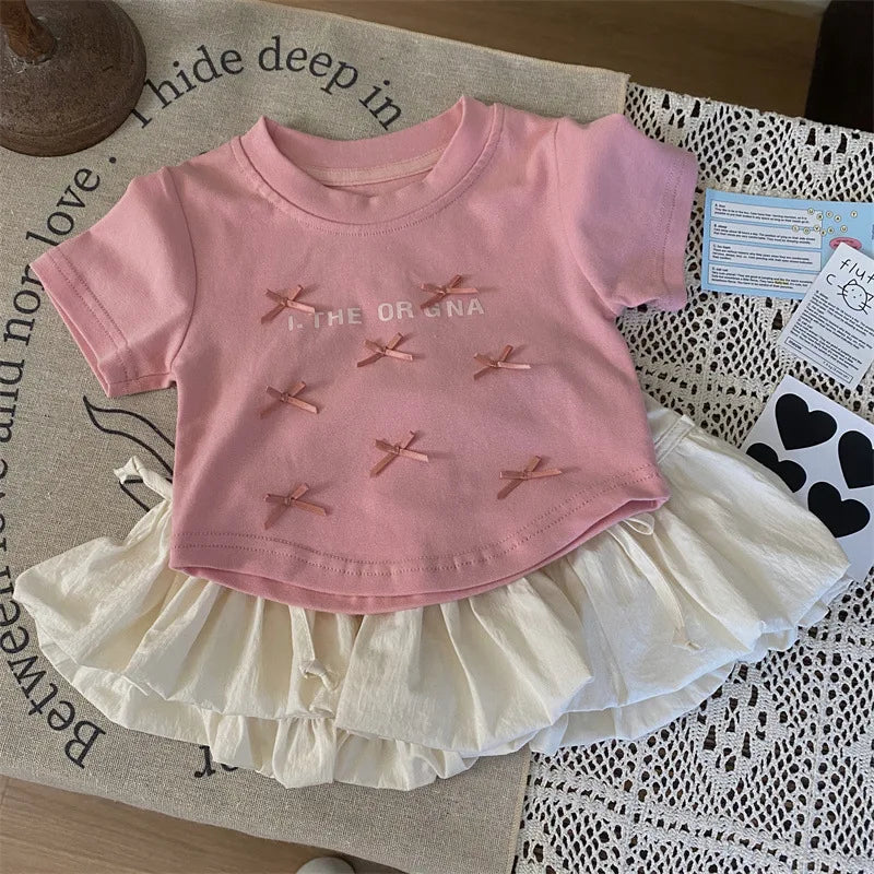 Baby Clothes Set Girls Bow Blouse Suit Children Sweet Top Bud Skirt 2 Pieces Summer New Fashion Short-Sleeved T-Shirt Outfit