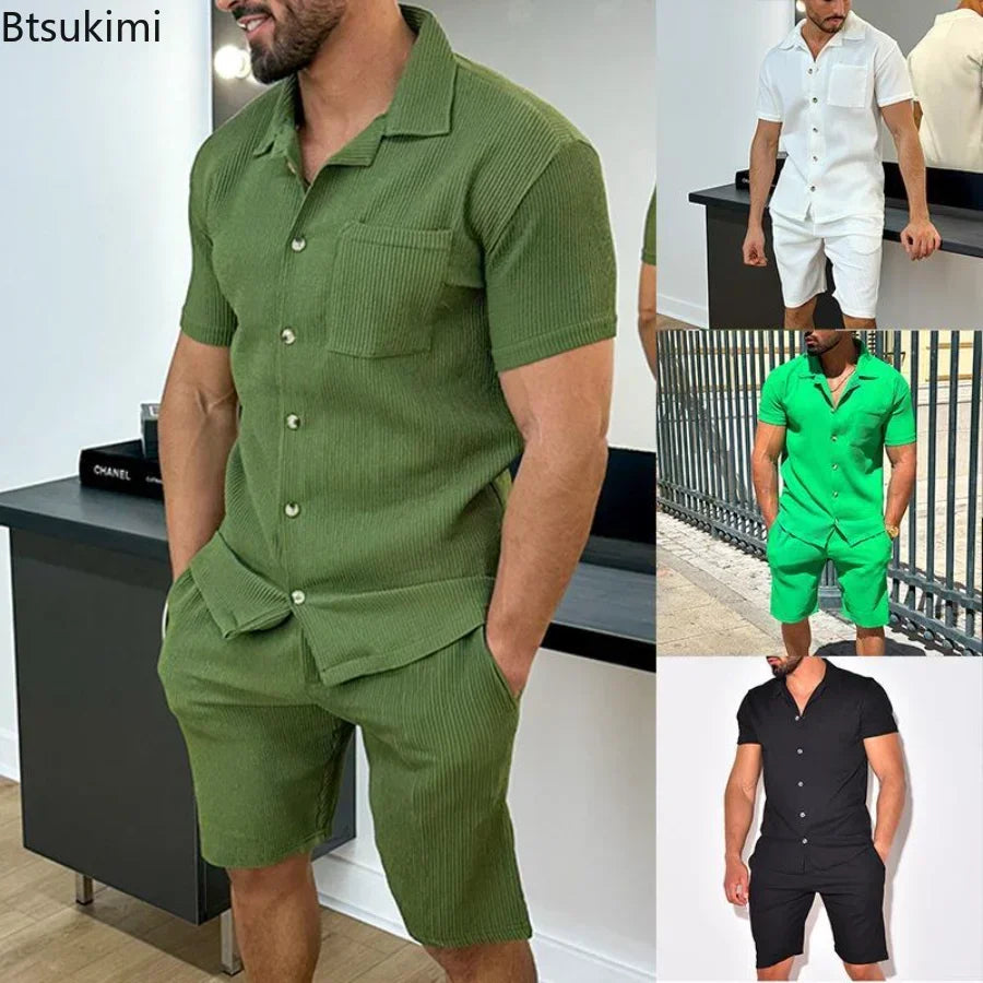2026 Men's Summer Casual Shorts Sets Solid Mens Short Sleeve Buttoned Lapel Shirts + Shorts Sets Two Piece Streetwear Sets Male