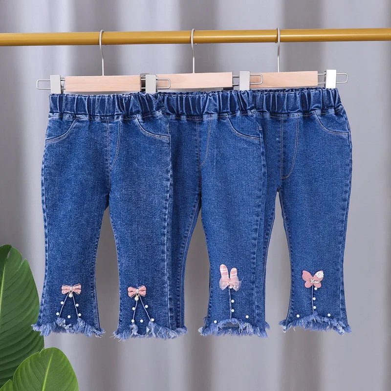 Jeans for Kids Girls Trousers Spring Autumn 2023 New Bow Bell-bottomed Stretch Princess Pants for Children Girl Denim Pants