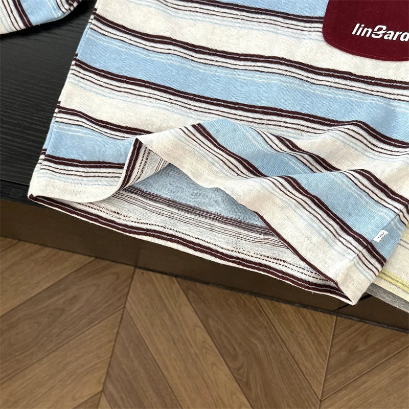 Kids Long Sleeve T-shirt New Retro Striped Cotton Shirt Spring Autumn Casual Top With Pocket for Baby Toddler Boys Girls