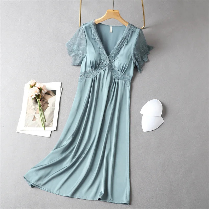 Sexy Nightdress for Women Summer Spring Home Dress V-Neck Nightgown Lace Sleeve Sleepwear Long Intimate Lingerie Nightwear