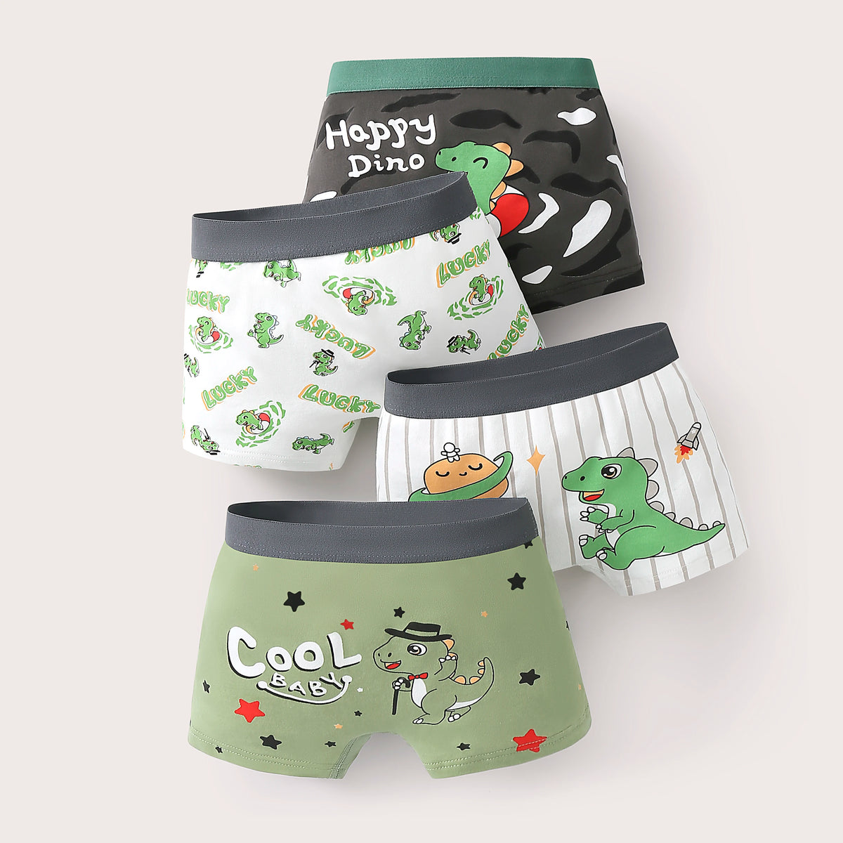 4-Piece Boys Boxer Shorts Cotton Comfortable Wear Breathable Children Underwear Cool Dinosaur Print Pattern Kids Boxer Briefs