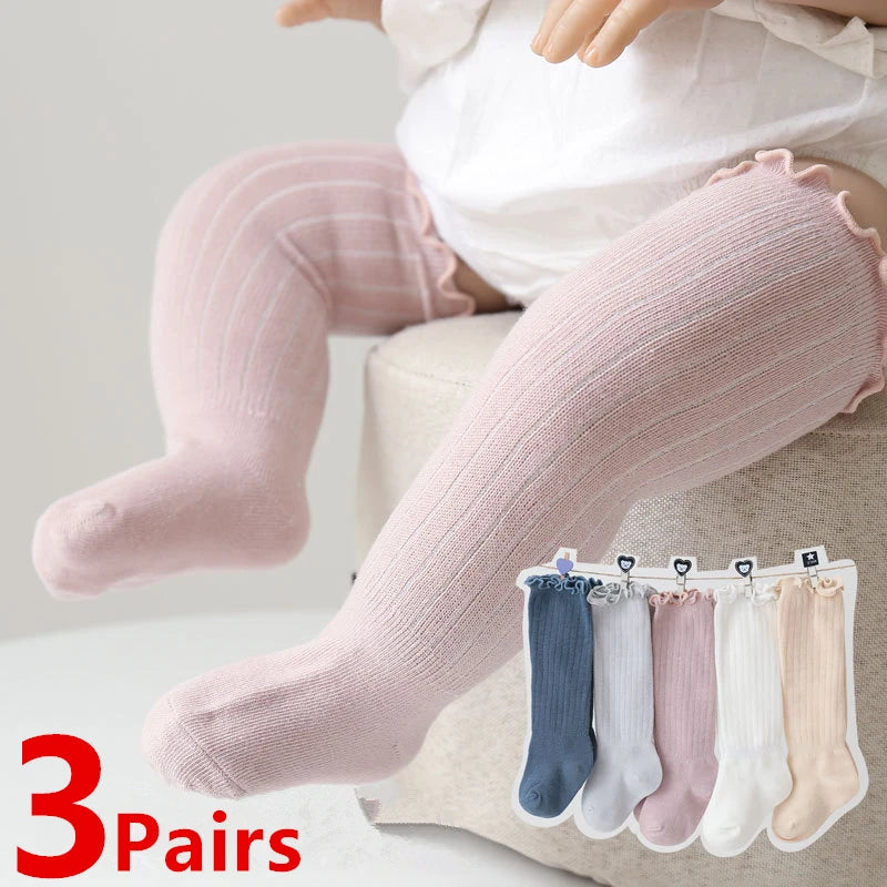 3Pairs/Lot Baby Socks Boys Girls Knee High Kids Frilly Solid Cotton Long Socks Infant Newborn Summer Children Ruffle Cute Socks