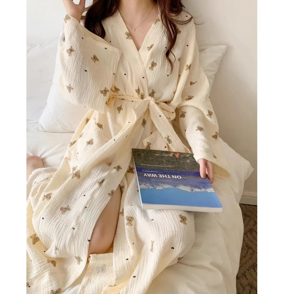 Sleeping Robe for Women in Spring and Autumn Style Bathrobe Full of Small Bear Long Sleeve Casual Princess Style Sleepwear