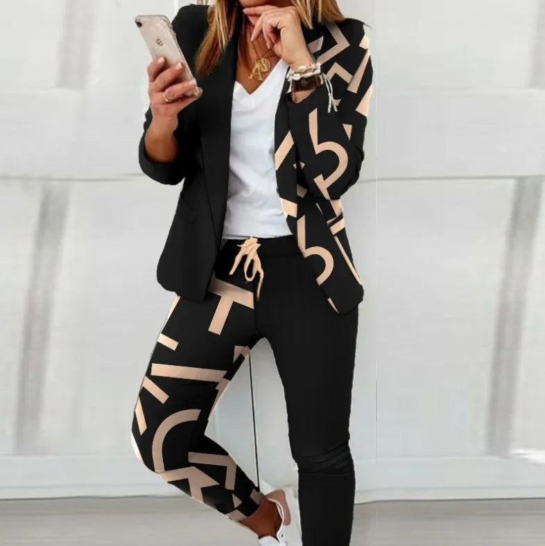 Two Piece Set Women Outfit Office Ladies 2023 Autumn Plaid Print Long Sleeve Elegant Blazer Coats & Drawstring Work Pants Set