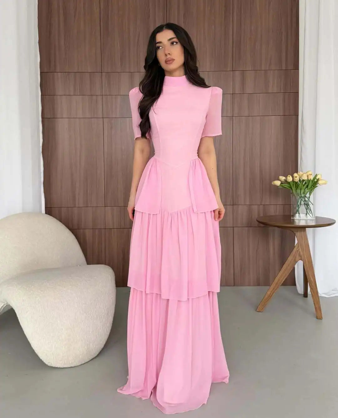 2026 Elegant Dresses For Woman Party Wedding Evening Dress Vestido Temperament Retro Short Sleeves Pleated Solid Color Slim Chic