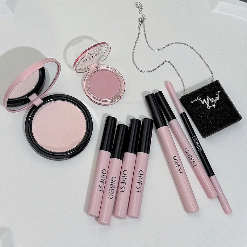 Face Makeup Sets Include 4PC Lip Mud,1 Pressed Powder,1 Blush,1 Eyeliner,1 Mascara,1 Eyebrow Pencil Camera Look Cosmetics Kits