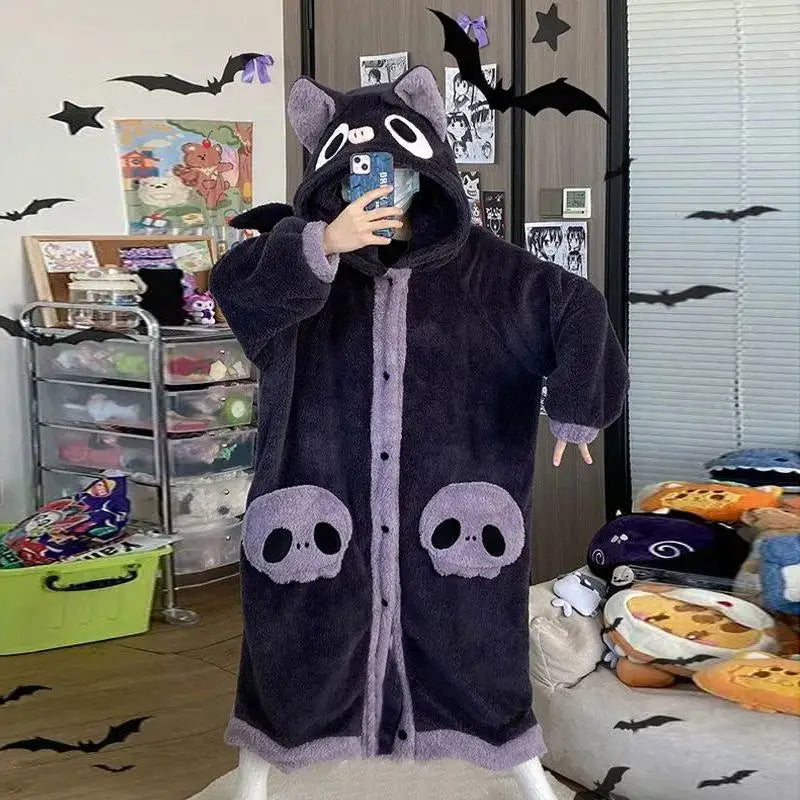 Winter Pajamas For Women Cartoon Hooded Long Robe Cute Nightgown Sleepwear Bat Animal Kawaii Flannel Warm Comfy Lounge Bathrobes