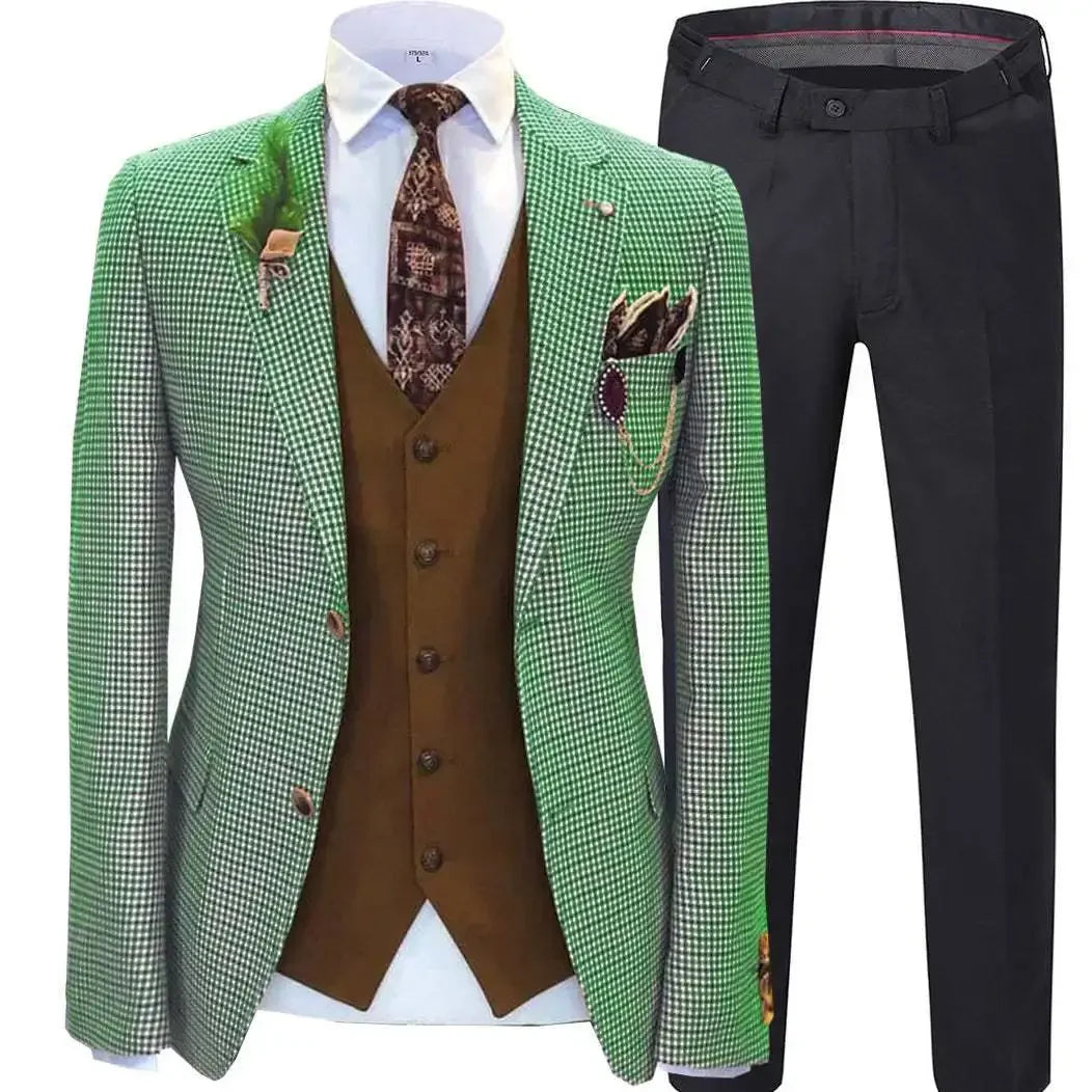 Men wedding Suits Prom Tuxedos Wool Blend Plaid Slim fit Vintage Checked Suit Groomsmen For Wedding (Blazer+Vest+Pants)