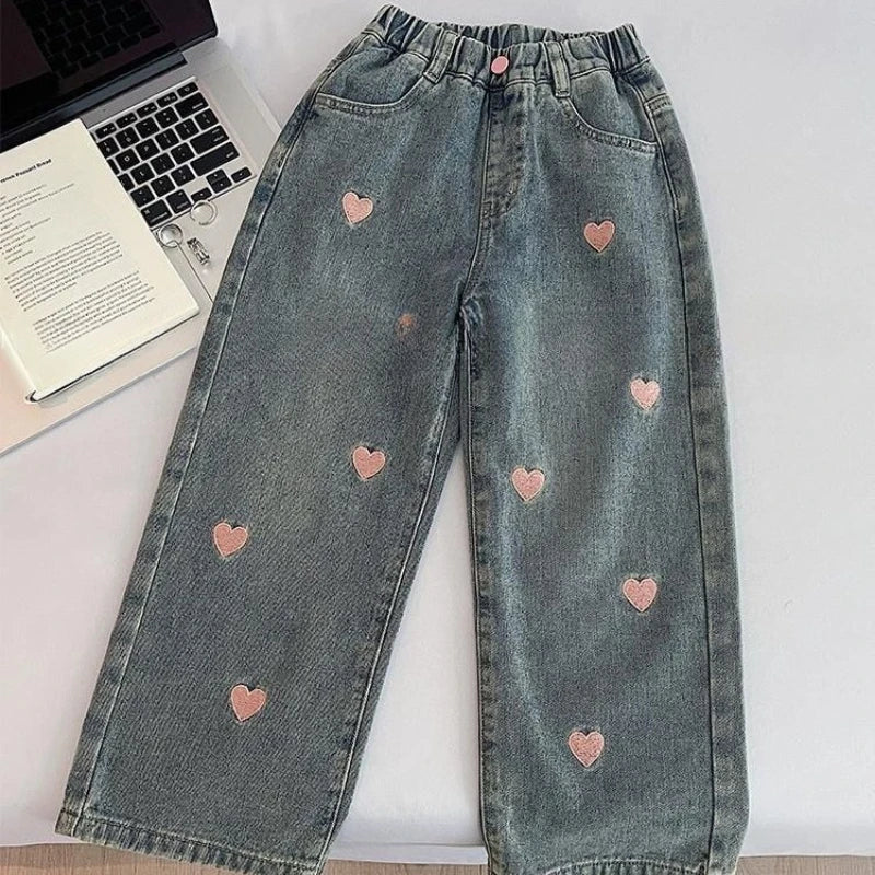Pants Girls Spring Autumn New Trousers Straight Leg Wide Leg Jeans Childrens Jeans Middle Childrens Heart 2025