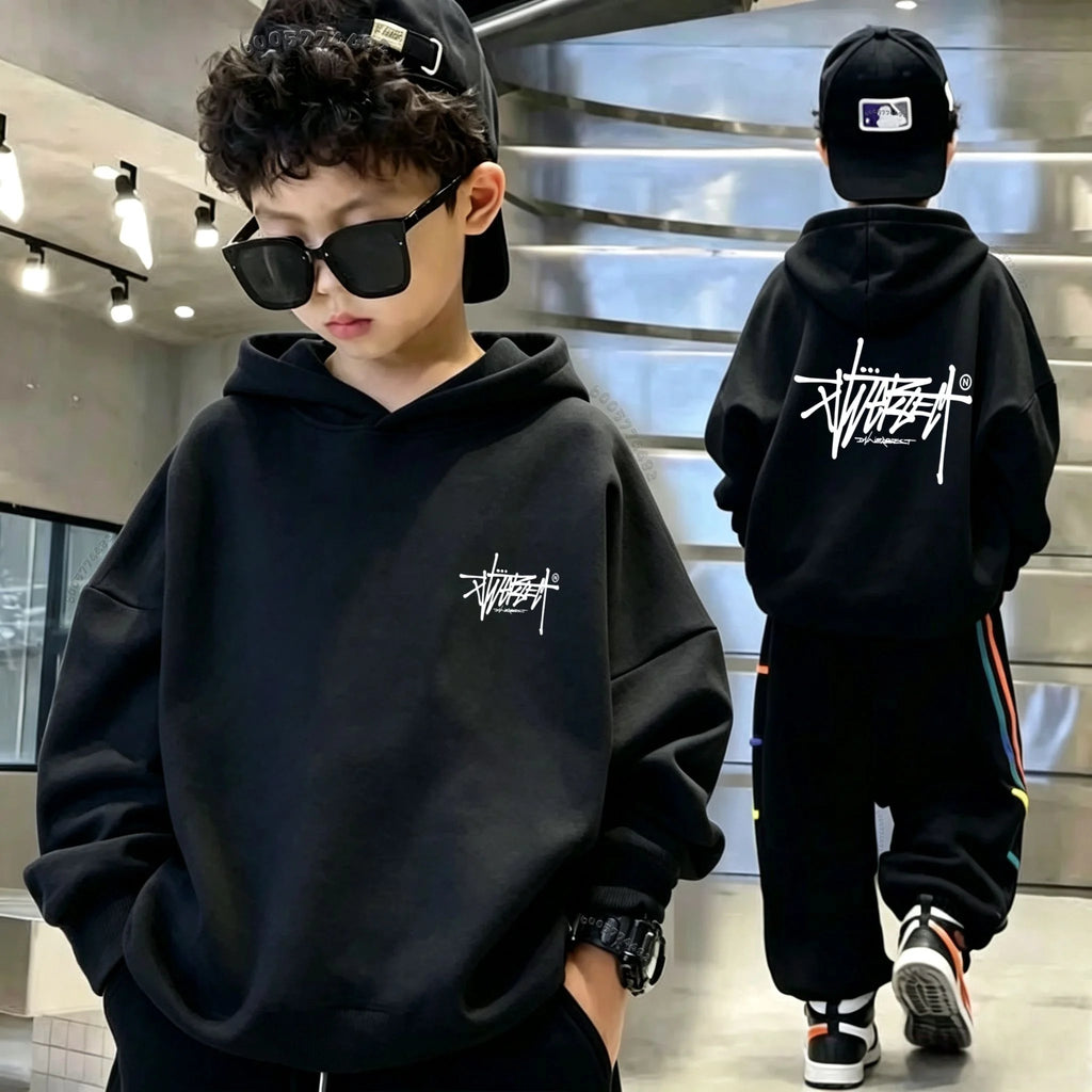 Kids Hoodie with Graffiti Print, Unisex Warm Pullover Hooded Sweatshirt, Boys Casual Oversized Long Sleeve Top for Autumn Winter