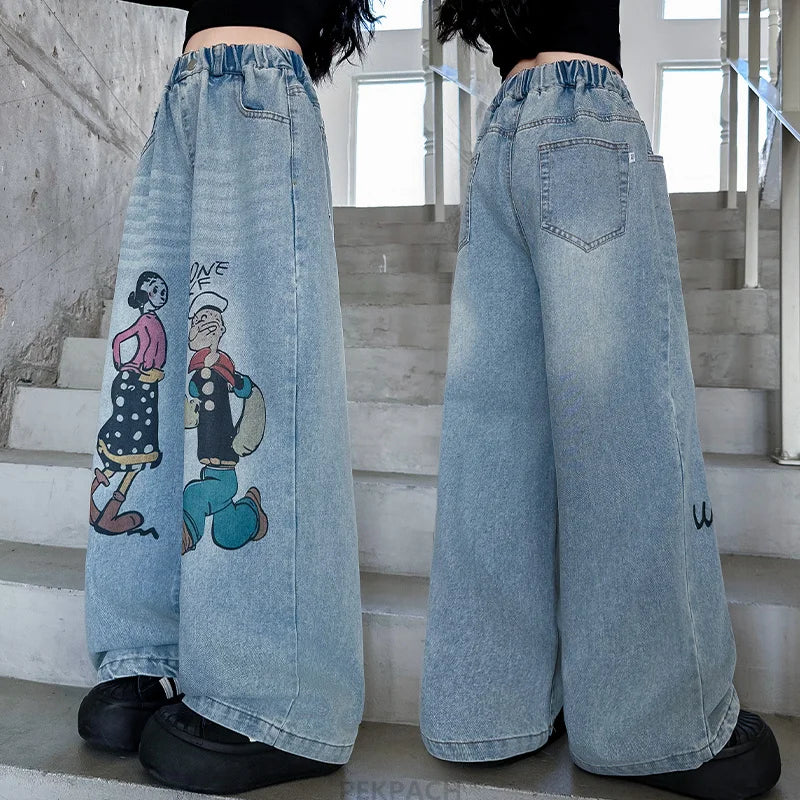 Kids Brand Cartoon Jeans For Girls Wide Leg Loose Denim Pants Children High Quality Jeans Trousers For Teenagers Age 5 To 14 Y