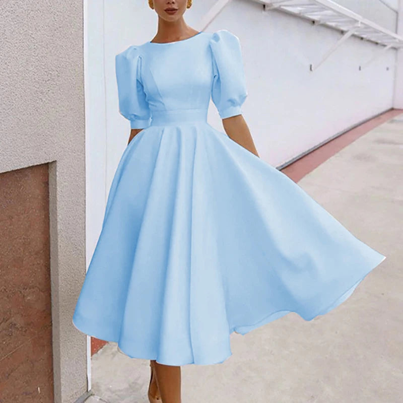 Casual Office Lady Dress Women Elegant Short Sleeve Solid A-Line Party Dresses For Women Fashion Summer Dress 2022