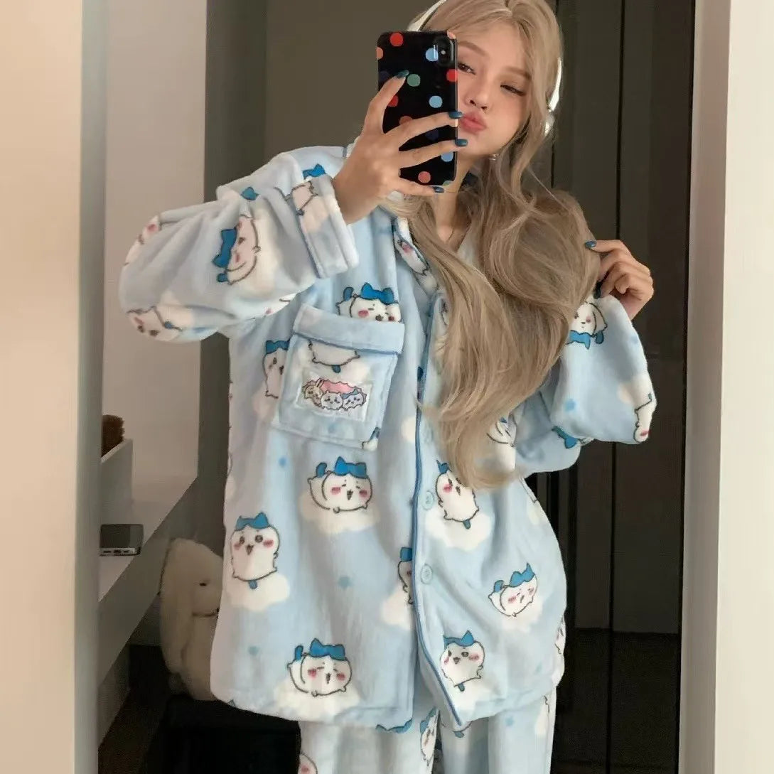 Anime Winter Girl Pajama Chiikawa Pajamas Usagi Hachiware Cartoon Pants Indoor Keep Warm Comfortable Thicken Leisure Homewear