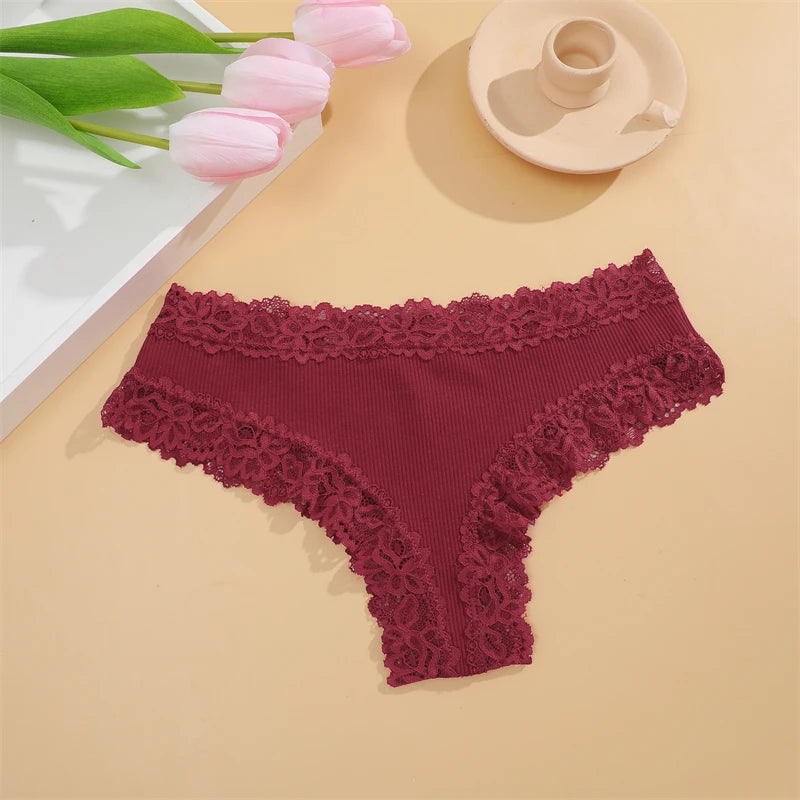 Women Cotton Panties Sexy Floral Lace Breathable Underwear Girls Ribbed Low-Waist Briefs Comfortable Bikini Solid Color Lingerie