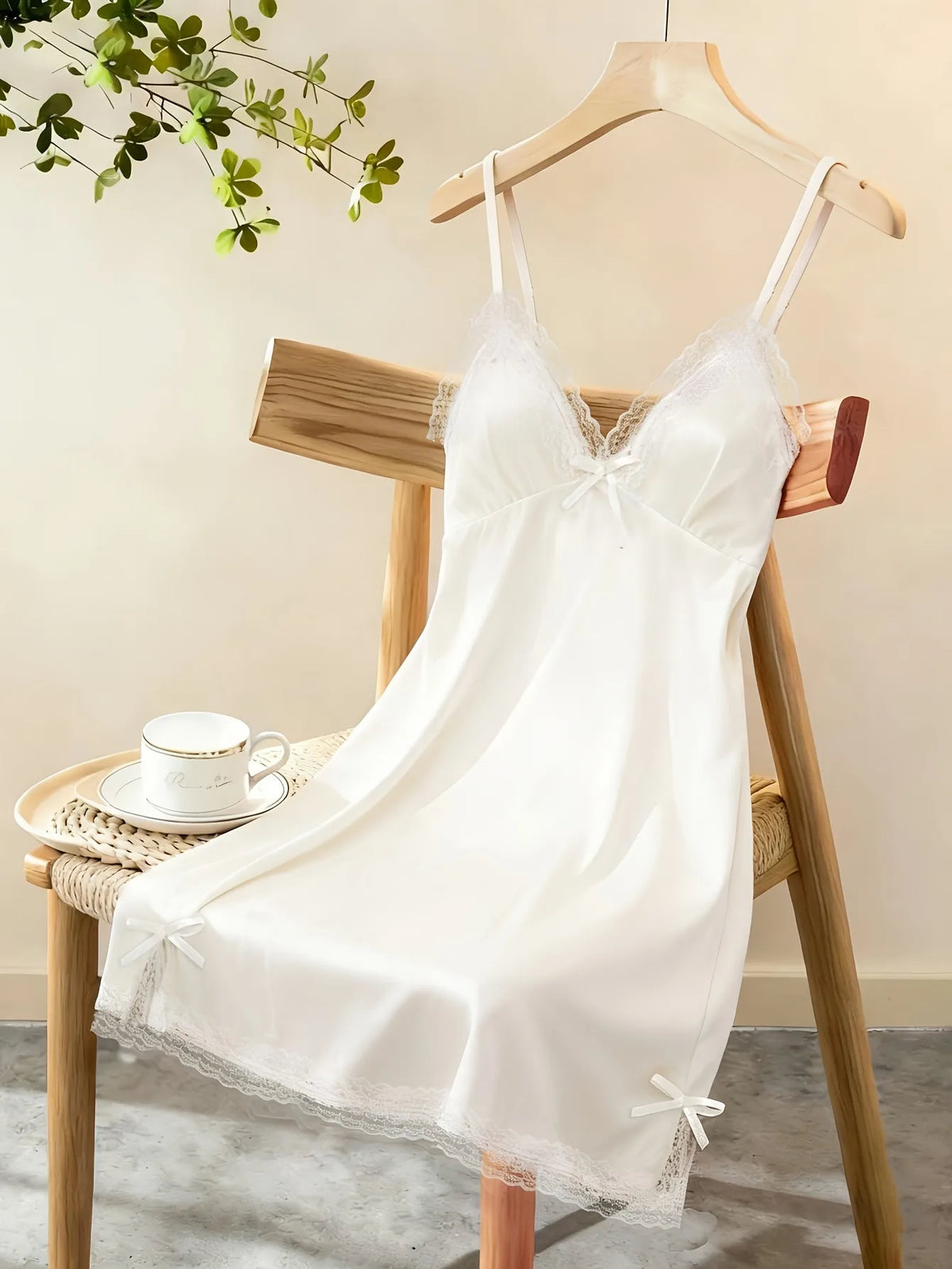 Women Satin Nightdress Sheer Lace Trim Slip Dress Spaghetti Strap Silky Nightgown Elegant Sleepwear Home Lingerie
