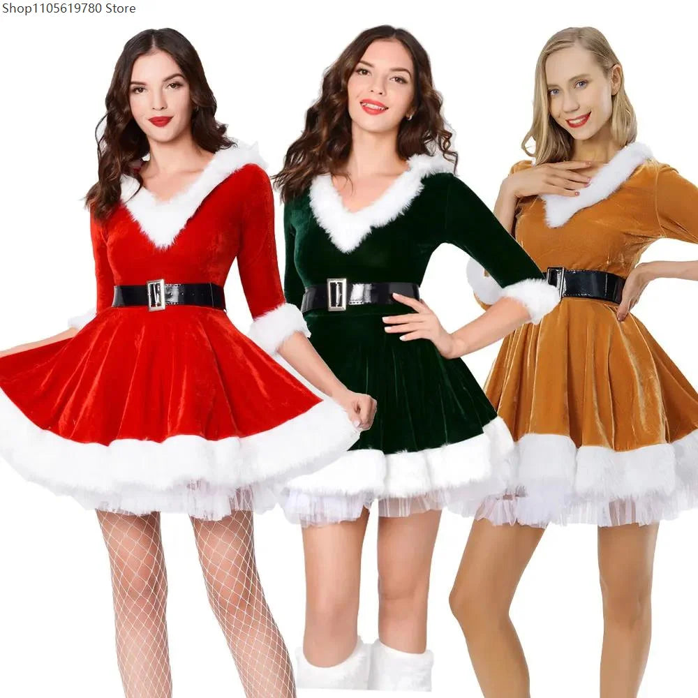 Velvet Christmas Dress Hooded Female Santa Claus Costume Women Sexy Red Green Xmas Party Dress Autumn Winter Dresses Mrs Claus