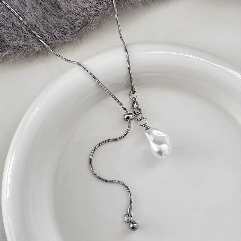 LATS Stainless Steel Long with Baroque Pearls Necklace for Women Adjustable Chain Sweater Accessories Fashion Jewelry