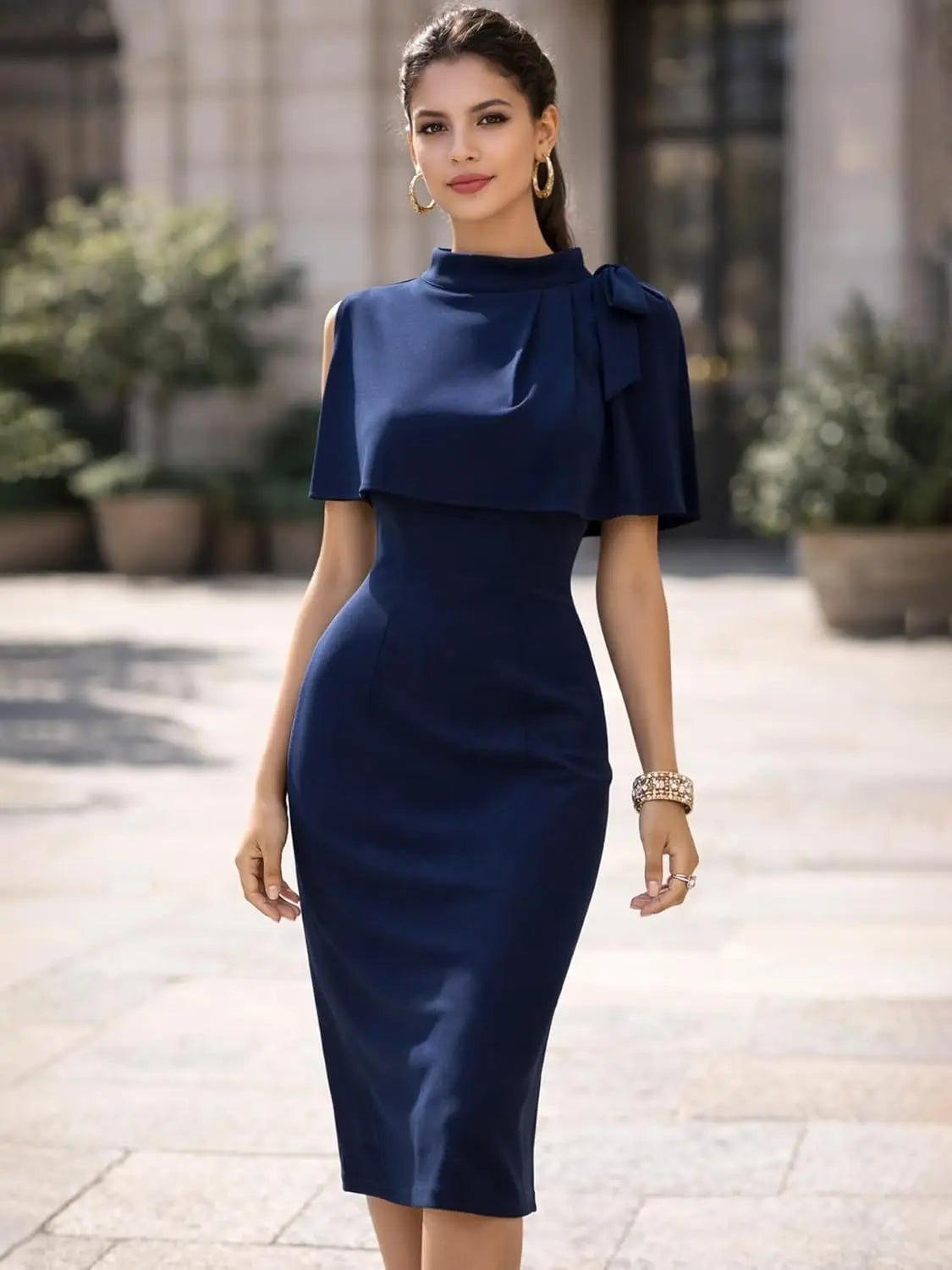 Women Elegant  High Neck Summer Knee Length Bodycon Dress Bow Shoulder Detail Slim Fit Pencil Dress Office Work Party Wear