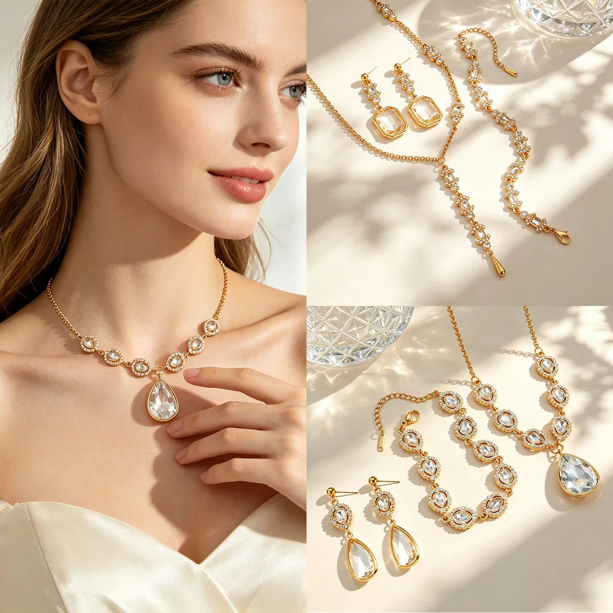 Fashion Luxurious Stainless Steel Zircon Rhinestone Wedding Jewelry Set for Women Elegant Charming Necklace Bracelet Earring Set