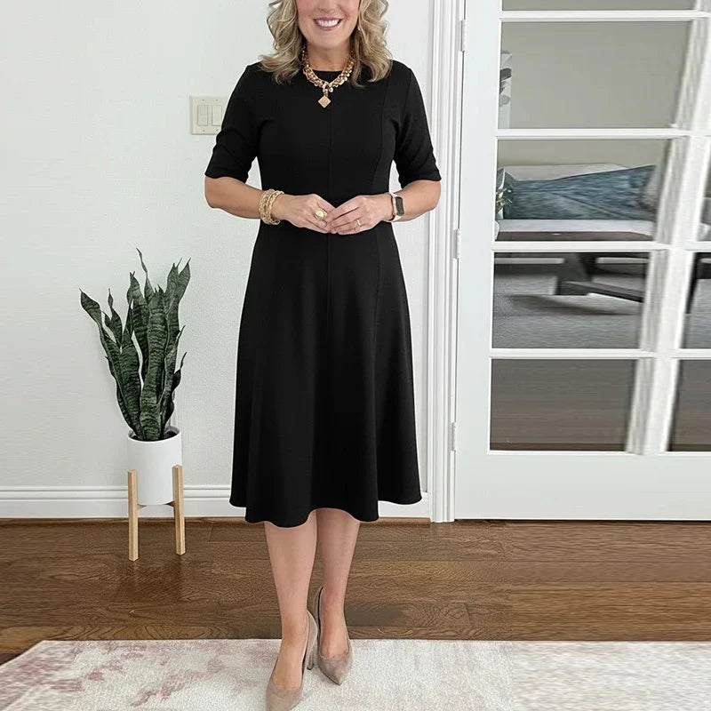 Women Elegant Midi Dress Fashion O Neck Solid Color Short Sleeve Loose A-Line Beach Party Dresses For Women Office Dress