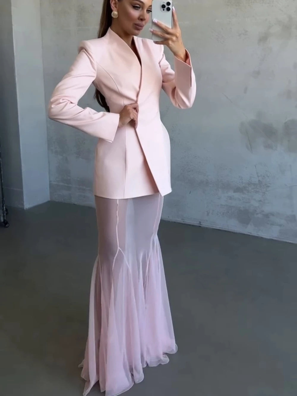 Zweiteiliges Blazer-Set für Damen mit Stehkragen und durchsichtigem Maxirock – elegantes Abendkleid für Partys und festliche Anlässe, in 4 Farben
