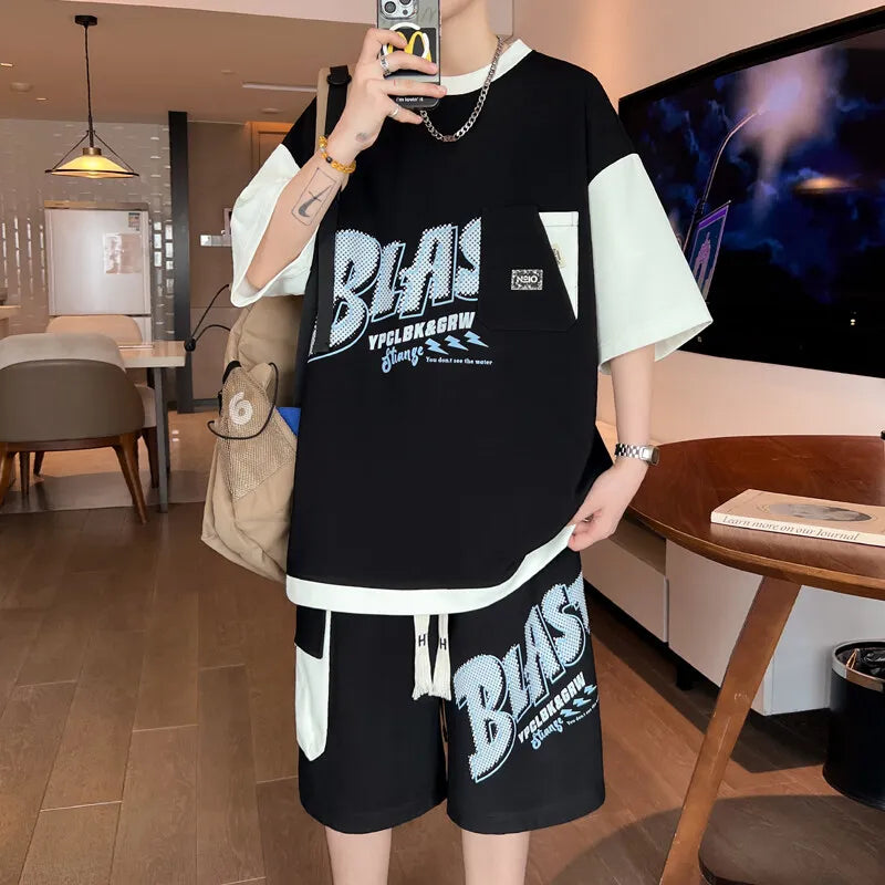 Men's 2-Piece Summer Streetwear Fashion Set - Short Sleeved T-Shirts & Knee-Length Shorts Casual Tops Tees And Pants for Youth