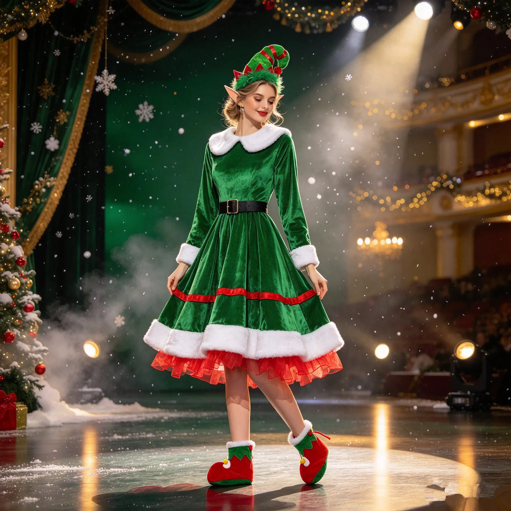Women Green Velvet Elf Dress Xmas Santa Helper Cosplay Costume Elf Cosplay Outfit for Christmas Carnival Fancy Dress Party