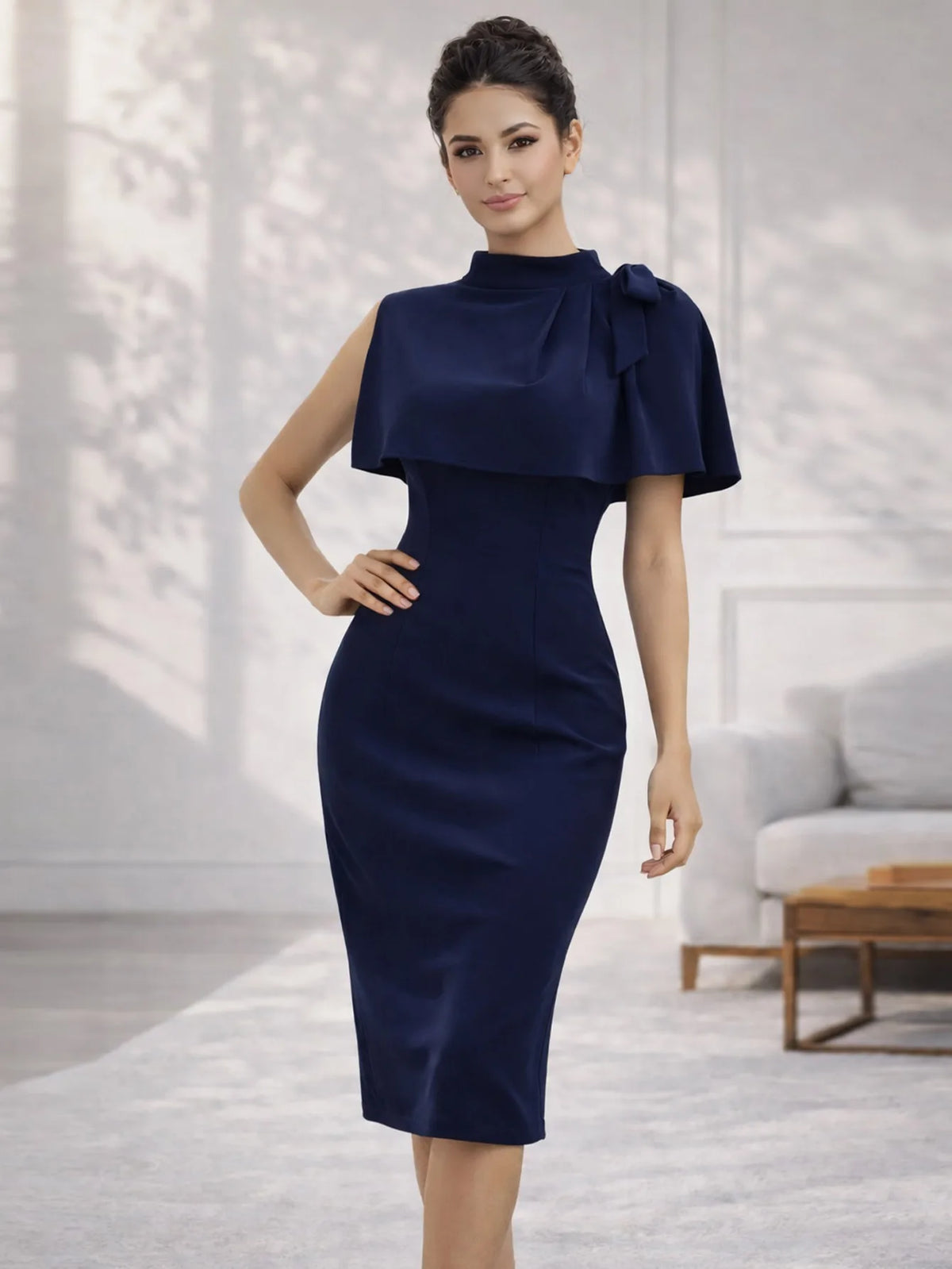 Women Elegant  High Neck Summer Knee Length Bodycon Dress Bow Shoulder Detail Slim Fit Pencil Dress Office Work Party Wear
