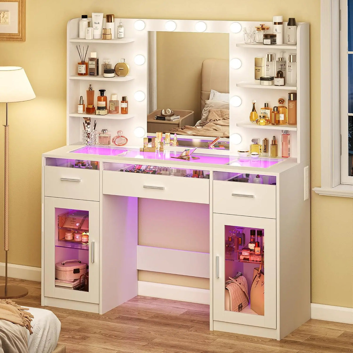 Makeup Vanity Desk with Mirror and Lights 3 Colors, Transparent Top with 3 RGB Drawers, 6 Shelves, Customized