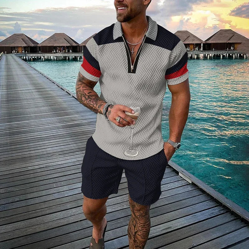 Men's Clothing Tracksuit Sets 3D Print Color Squares Pattern Casual Zipper Polo Shirt And Shorts 2pcs Sets Trend Streetwear Man