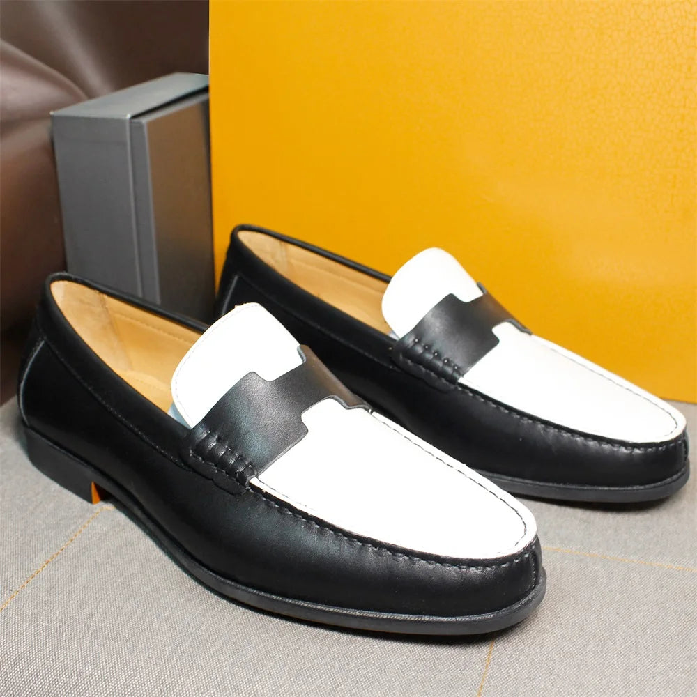 New Style Men's Wedding Shoes Handmade Black and White Loafers Genuine Leather Slip-on Men's Casual Wedding Banquet Shoes