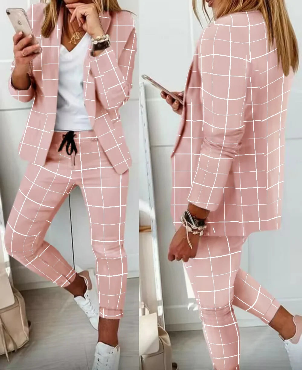 Two Piece Set Women Outfit Office Ladies 2023 Autumn Plaid Print Long Sleeve Elegant Blazer Coats & Drawstring Work Pants Set