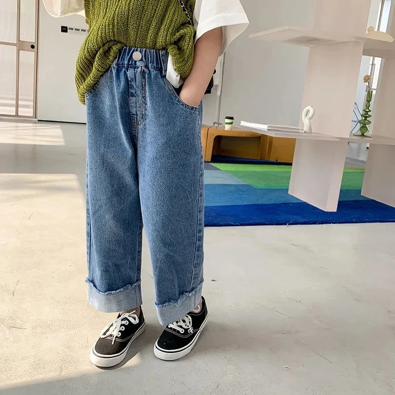 Spring Summer Autumn Kids Crimped Wide Leg Jeans Girls Loose Thin Denim Pants Children Fashion Casual Trousers 2-10 Years Girl