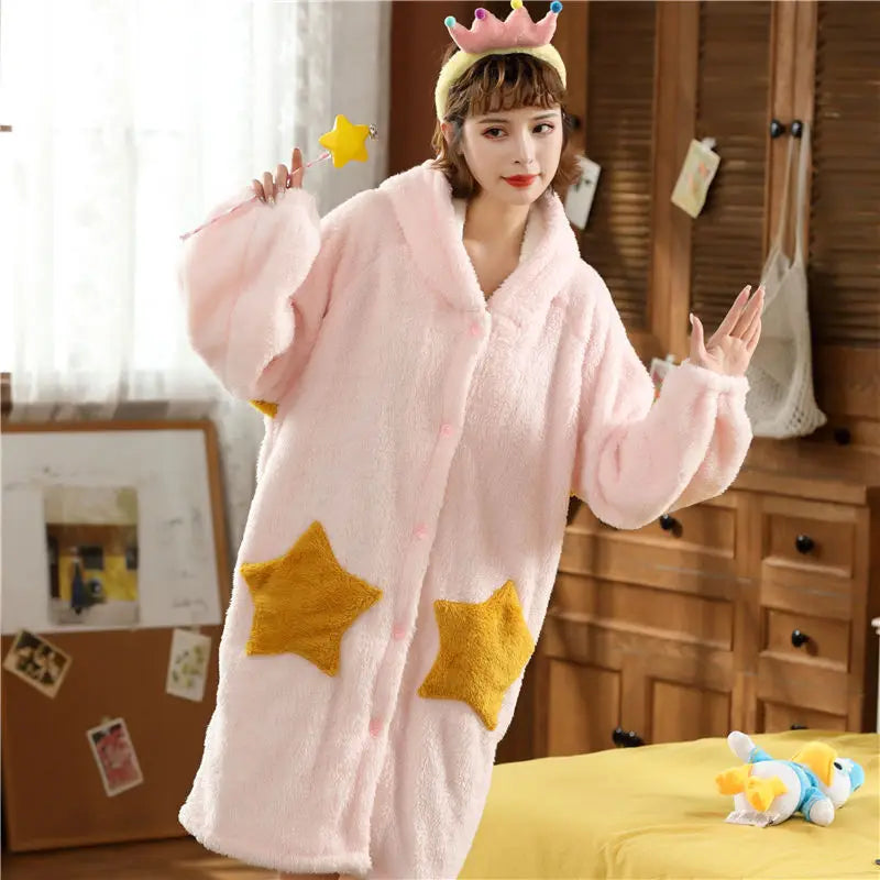Winter Pajamas For Women Cartoon Hooded Long Robe Cute Nightgown Sleepwear Bat Animal Kawaii Flannel Warm Comfy Lounge Bathrobes