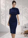 Women Elegant  High Neck Summer Knee Length Bodycon Dress Bow Shoulder Detail Slim Fit Pencil Dress Office Work Party Wear