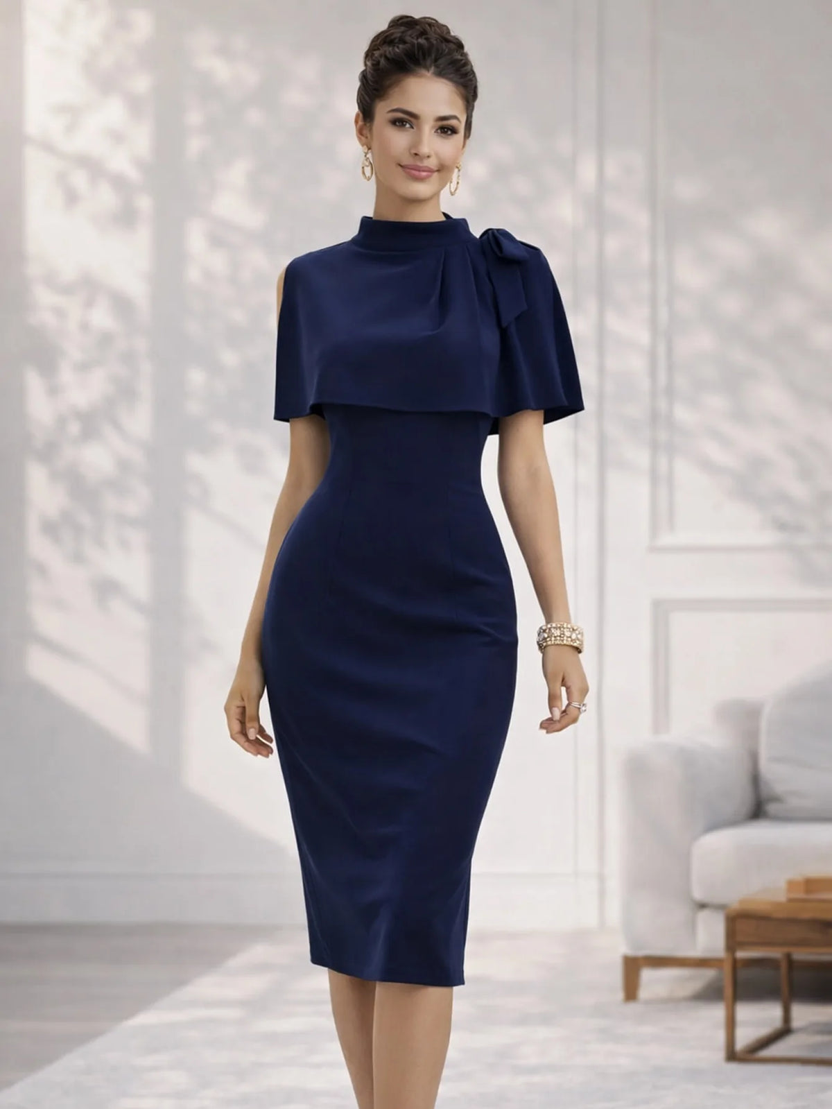 Women Elegant  High Neck Summer Knee Length Bodycon Dress Bow Shoulder Detail Slim Fit Pencil Dress Office Work Party Wear