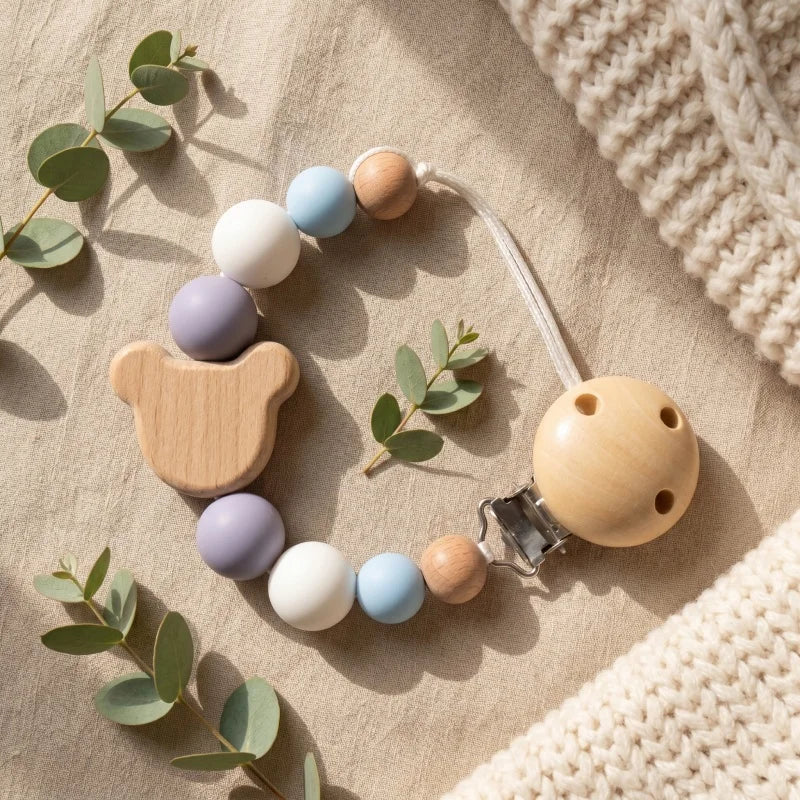 2026 Personalized Pacifier Clip Silicone Beads Beech Wood Teether Holder Custom Name Heart BPA Free Handmade Baby Shower Gift