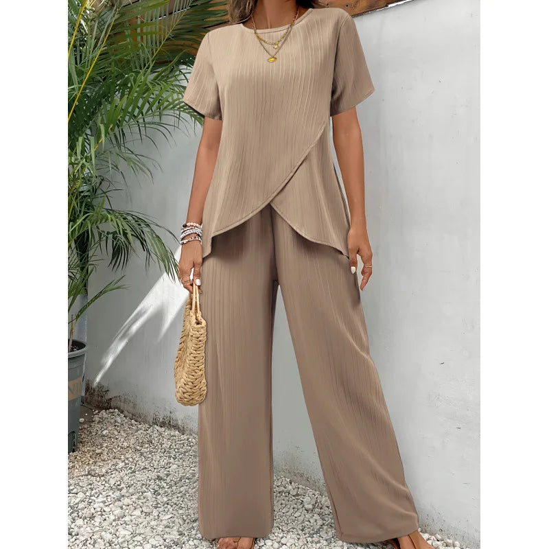 Neues elegantes Damen-Set für Büro und Freizeit mit Bluse mit unregelmäßigen kurzen Ärmeln und weiter langer Hose, zweiteiliges Outfit für Damen