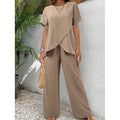 Neues elegantes Damen-Set für Büro und Freizeit mit Bluse mit unregelmäßigen kurzen Ärmeln und weiter langer Hose, zweiteiliges Outfit für Damen