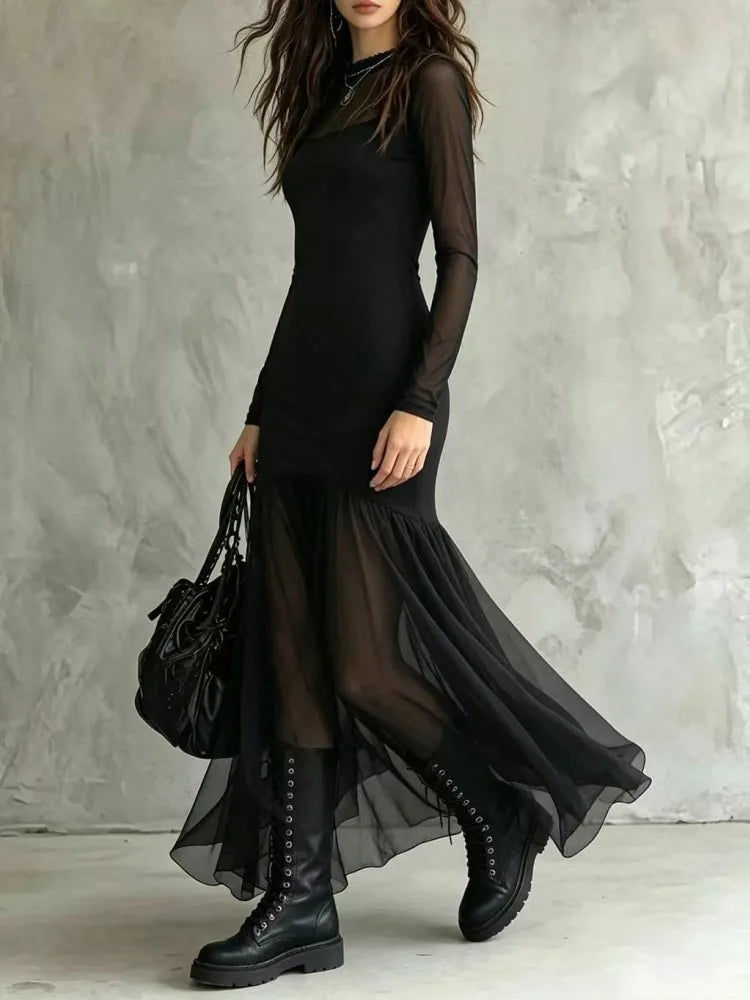 Women's Spring/Summer Outfit, Elegant Dress, Holiday Outfit, Casual Dress, Outing Dress, Mesh Dress, Long Sleeve Dress, Graduati