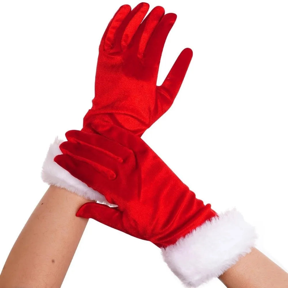 Velvet Gloves Christmas Costume Gloves White Faux Fur Trim Red Velvet Women Christmas Gloves Soft Warm Full Finger